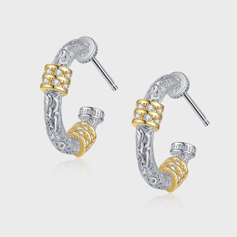 S925 Sterling Zilver Vintage Arabesk Wingerd Gegraveerd C-Vorm Ring Oorbellen Tweekleurig Goud Zilver Strass Oorbellen voor Vrouwen