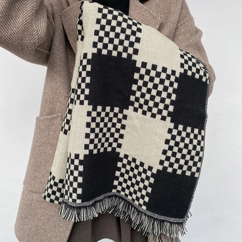 Bufanda De Invierno Cálida Chal Grueso De Imitación Cachemira Cuadros Borlas Suave Bloque De Color Universal