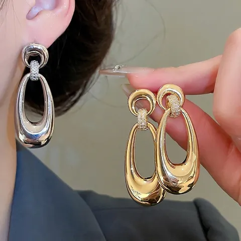 Oval Dangle Earrings With Silver Earring Post Copper Zircon Smooth Hollow Elegant Jewelry For Women Fashion