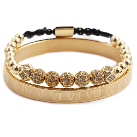 Stainless Steel Roman Numeral Cuff Bangle And Copper Micro Pave CZ Beaded Bracelet For Men Women Adjustable Jewelry