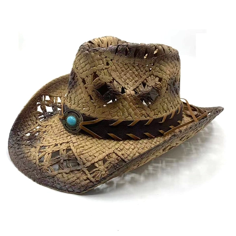 Western Cowboy Straw Hat For Men Women Hollow Out Weave Wide Brim Sun Protection Fedora Beach Hat With Turquoise Decor