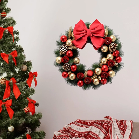 Kerstkrans Muursticker PVC Verwijderbaar Feestelijke Decoratie Met Rode Strik En Dennenappels Voor Huis Raam Deur