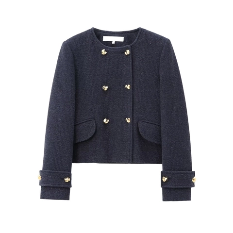 Navy Blue Tweed Wool Blend Double Breasted Jacket And A-Line Midi Skirt Elegant Round Neck Gold Buttons Professional Outfits