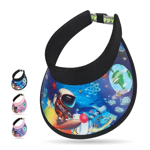 Kids Sun Visor Hat Space Astronaut Cartoon Print Empty Top Polyester PVC Adjustable Wide Brim Summer Outdoor Boys Girls