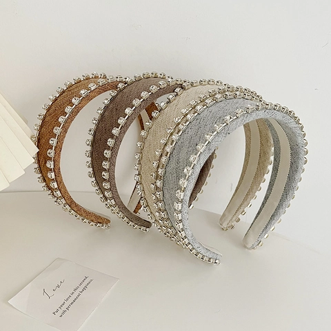 Elegant Wide Headband With Double Row Rhinestones Fabric Non-Slip Hair Hoop Solid Color Vintage Styling Accessory For Women