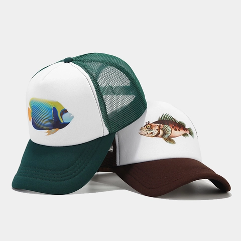 Trucker Hat Baseball Cap Polyester Mesh Breathable Adjustable Sun Protection Summer Outdoor Fish Slogan Print Men Women