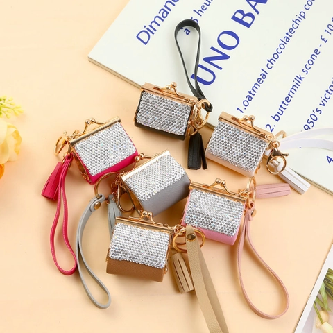 Mini Bag Keychain Rhinestone PU Leather Coin Purse Tassel Wristlet Strap Handbag Pendant Decoration Women Accessory