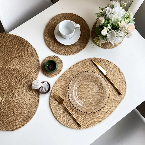 Handwoven Jute Placemats Coasters Natural Fiber Heat Resistant Table Insulation Pads Boho Decorative Kitchen Dining