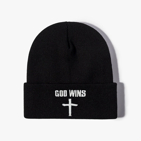 Berretto in Maglia Con Ricamo Croce Lettere God Wins per Uomo Donna Caldo Invernale Casual Morbido in Acrilico
