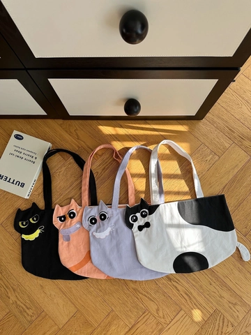 Borsa A Spalla Tote Gatto Cartone Animato Tela Grande Capacità Kawaii Ricamo Animale Per Donne Studentesse