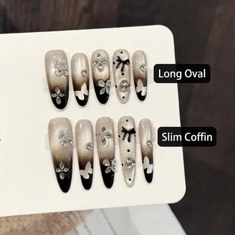 Handmade Press On Nails Long Stiletto Oval Gradient Cat Eye Butterfly Rhinestone Charms Sweet Cool Y2K Fake Nails