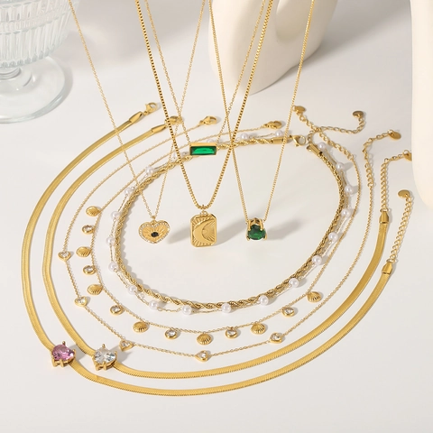 Stainless Steel Necklace 18K Gold Plated Zircon Heart Star Moon Evil Eye Artificial Pearl Shell Pendant Layered Jewelry For Women