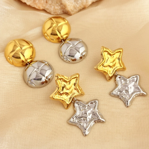 Orecchini Vintage In Acciaio Inossidabile Bicolore Oro E Argento Motivo Trapuntato Forma Di Stella Per Donna