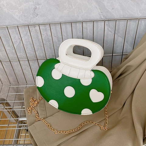 Sac À Main En Forme De Champignon Cuir PU Motif À Pois Et Coeur Sac Bandoulière Avec Chaîne Métallique Style Doux Pour Femmes