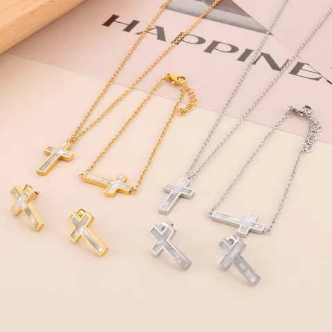 Edelstahl Kreuz Schmuck Perlmutt Inlay Halskette Armband Stecker Ohrringe Minimalistisches Mode Accessoire Für Frauen