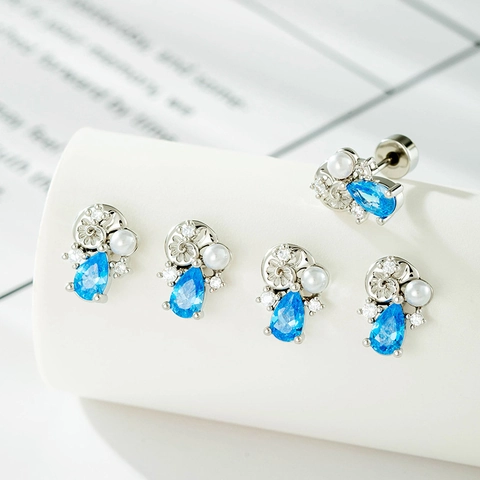 Ear Cartilage Stud Alloy Blue Water Drop Zircon White Faux Artificial Pearl Ocean Conch Screw Back Piercing Jewelry For Women