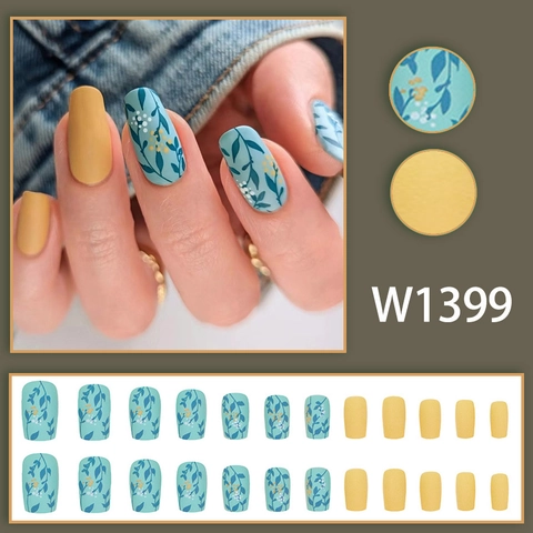Matte Press On Nails Frosted Floral Leaf Pattern Artificial Fake Nails Elegant Square Round Manicure For Women