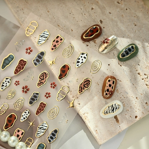 Adesivi Per Unghie Stampa Animale Leopardo Zebra Motivo Rilievo Oro Metallico Decorazione Manicure DIY Per Donne
