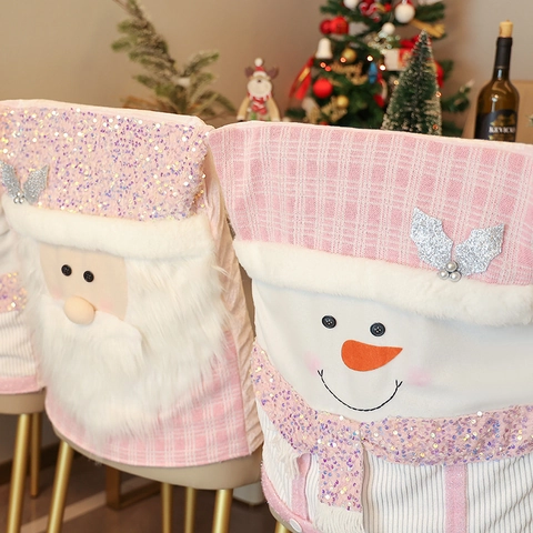 Pink Christmas Chair Back Covers Sequin Plush Plaid Cloth Santa Snowman Reindeer Doll Dining Room Home Decor Festive