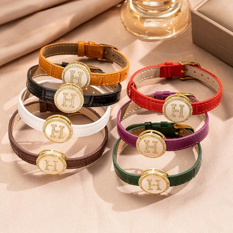 Leather Bracelet Stainless Steel Buckle Bamboo Grain Rhinestone Geometric Round Charm Mother Of Artificial Pearl Fashion Jewelry