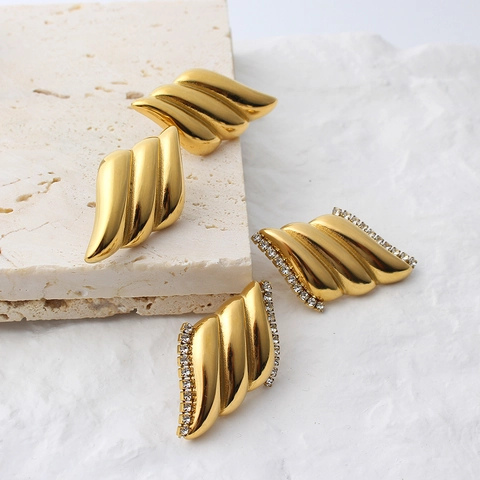 Geometric Angel Wing Wave Stud Earrings Stainless Steel Zircon Enamel Drip Oil Retro Minimalist Jewelry For Women