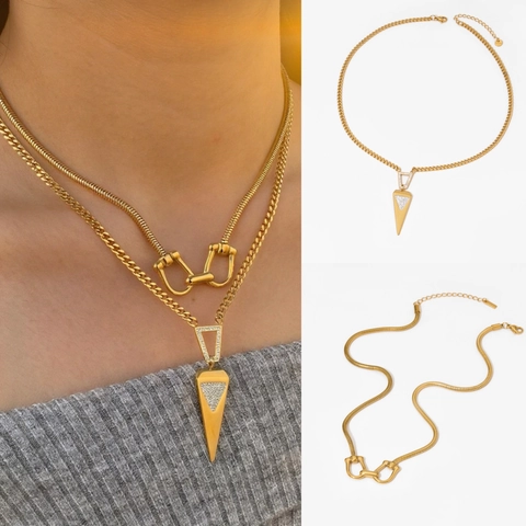 Collier Pendentif Triangle Géométrique En Acier Inoxydable Femmes Zircon Incrusté Mors Chaîne Serpent Plaqué Or PVD Bijoux Mode