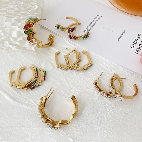 Modern 316L Stainless Steel Irregular Geometric Zirconia Earrings 18K Gold Plated Colorful Inlaid Stud Earrings Jewelry