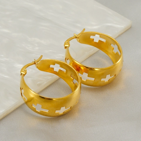 Pendientes De Aro Con Cruz Hueca Acero Inoxidable Chapado En Oro De 18K Geométrico Grande Redondo Para Mujeres