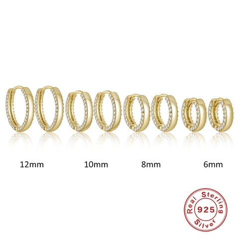 925 Sterling Silver Hoop Earrings Gold Plated Pavé Zirconia Round Elegant Geometric Huggie Jewelry For Women