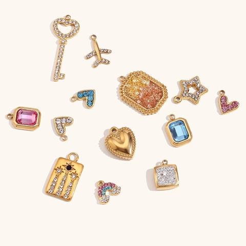 Stainless Steel 14K Gold Plated Octagon Heart Star Airplane Key Pendants DIY Jewelry Charms Rhinestone Zirconia Accessory