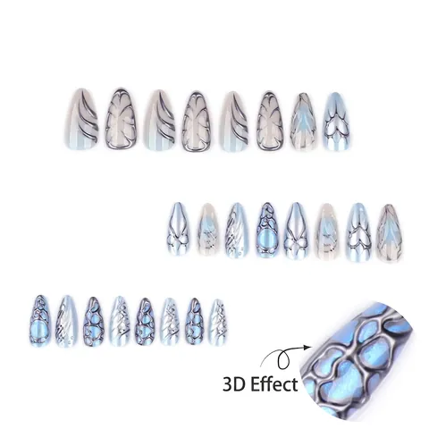 Faux Ongles Style Cyberpunk Y2K Relief 3D Lignes Métalliques Motif Coeur Amande Pointes Artificielles Gris Argent Bleu