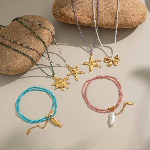 Ocean Style Beaded Necklace Stainless Steel Starfish Turtle Bow Artificial Pearl Pendant Waterproof Hypoallergenic Jewelry For Women