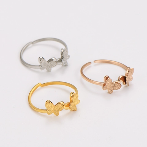 Anillo Ajustable De Mariposa Acero Inoxidable 304 Esmerilado Doble Mariposa Joyería De Moda Elegante Para Mujer