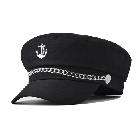 Casquette De Capitaine Militaire Vintage Marin Toit Plat Avec Emblème Ancre En Métal Et Chaîne Décorative Pour Tenue Décontractée