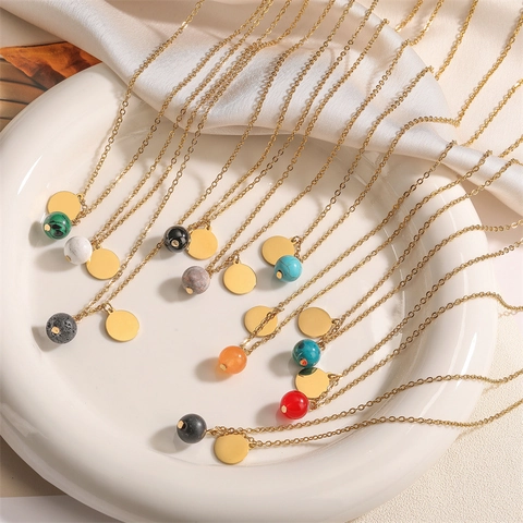 Stainless Steel Natural Stone Necklace Gold Plated Round Disc Geometric Pendant Minimalist Jewelry Women Clavicle Chain