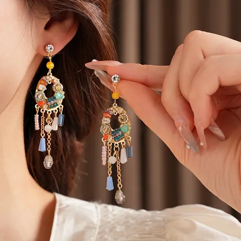 Orecchini Nappa Cristallo Colorato Bohémien Con Perno Argento Lega Vetro Imitazione Perla Artificial Lunghi Stile Etnico Donne