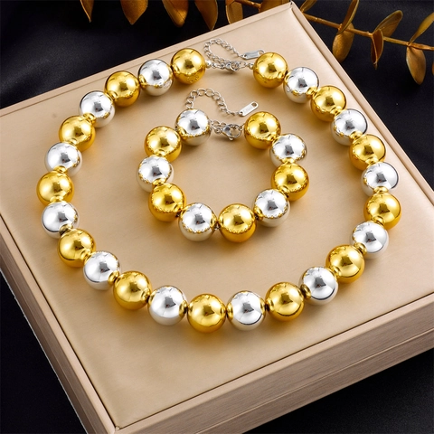 Collana E Bracciale In Acciaio Inossidabile Bicolore Oro Argento Grandi Perle Tonde Moda Punk Per Donne
