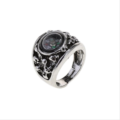 Vintage Compass Skull Ring For Men Alloy Functional Compass Punk Gothic Distressed Retro Silver Open Adjustable