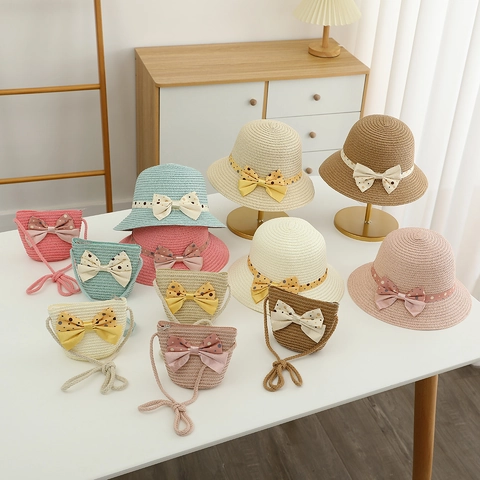 Sombrero De Paja Y Bolso Niños Protección Solar Lazo Lunares Verano Dulce