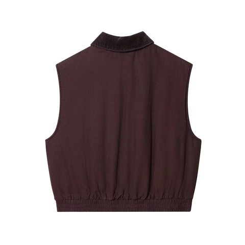 Damen Casual Reißverschluss Segeltuch Weste Mit Cordkragen Patchwork Ärmellose Jacke Vintage Tasche Weste Herbst Oberbekleidung