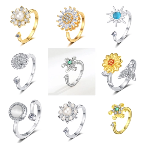 Rotating Spinner Rings For Women Copper Adjustable Fidget Ring With Zircon Opal Sunflower Snowflake Designs For Stress Relief