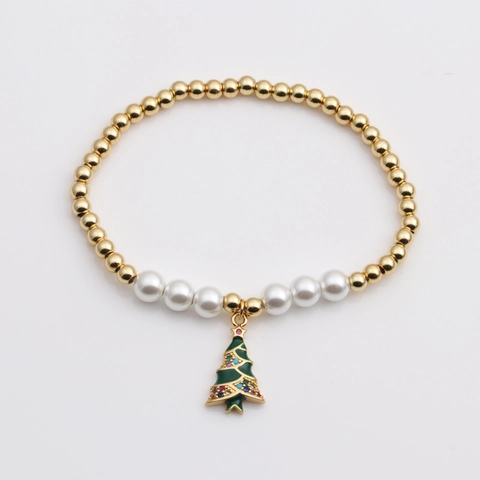 Bracciale Di Perline Di Natale In Rame Con Künstliche Perle Sintetiche E Zircone Ciondolo Albero Di Natale Pupazzo Di Neve Gioielli Per Le Feste Da Donna