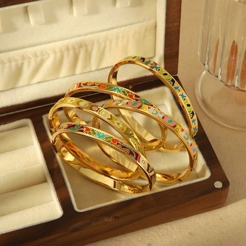 Bracelet Jonc Émail Acier Inoxydable Plaqué Or 18K Peint Coloré Ouvert Bijoux Mode Pour Femmes Style Vintage