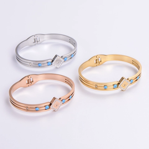 Brazalete Mal De Ojo Acero Inoxidable 304 Cuenta Azul Cristal Bisagría Joyería Moda Para Mujeres
