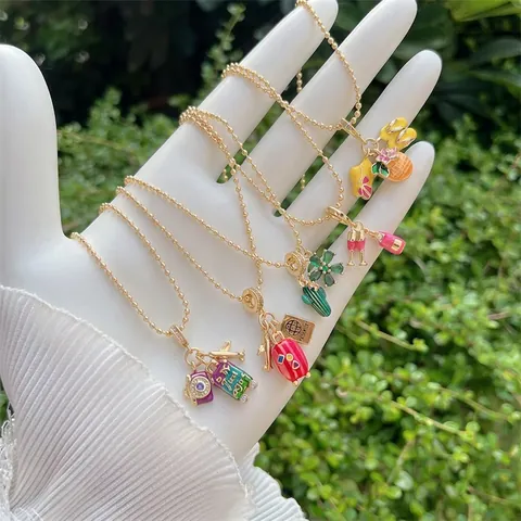 Reisethema Anhänger Halskette 18K Vergoldet Kupfer Emaille Zirkon Sommerurlaub Schmuck Für Frauen Süße Mode