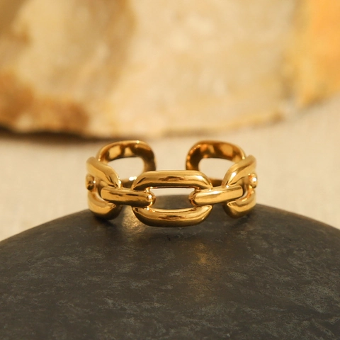 Stainless Steel Ring Chain Link Open Adjustable Non Fading 18K Gold Plated Minimalist Ins Style Women Hand Jewelry