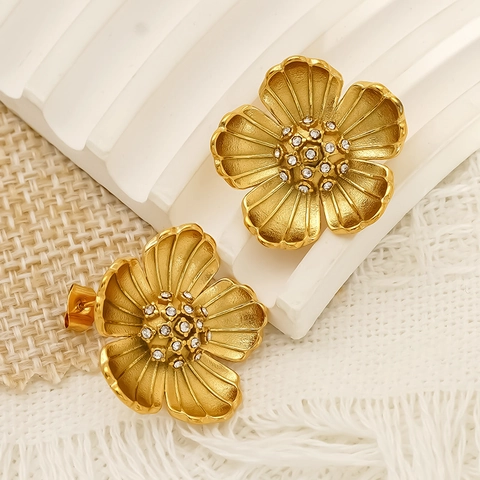 Blumen Ohrstecker 304 Edelstahl 18K Vergoldet Zirkon Gebürstete Textur Vintage Luxus Hypoallergen Für Damen