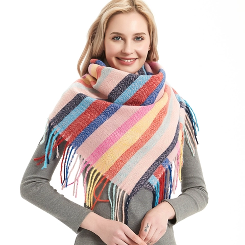 Warm Winter Brushed Striped Plaid Square Scarf For Women Soft Polyester Fringed Shawl Wrap Large Fashion Scarf Daily Accessory
