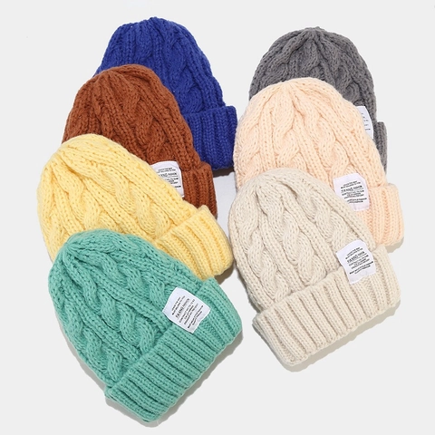 Cable Knit Beanie Hat Acrylic Chunky Warm Slouchy Winter Headwear With Decorative Patch Unisex Solid Color