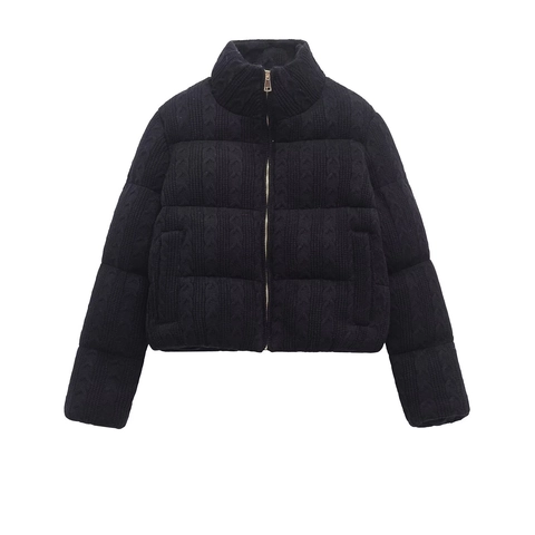 Women Puffer Jacket Cable Knit Texture Short Padded Coat Stand Collar Zipper Casual Winter Outerwear